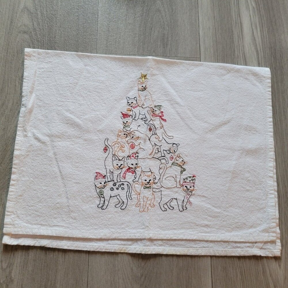 Cat Christmas Tree Embroidered Flour Sack Dish Towel